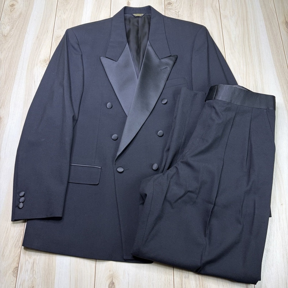 BILL BLASS MENSWEAR Double Breasted Tuxedo Wool Suit Mens Size 42R 36x30 Black